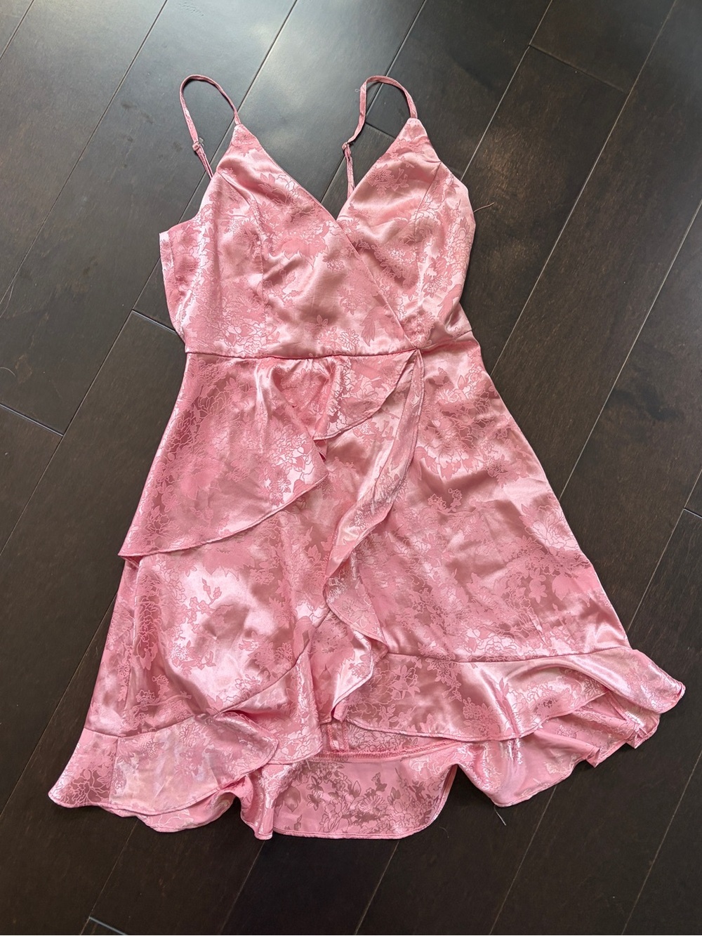 Altar'd State Pink Satin Floral Ruffle Slip Dress